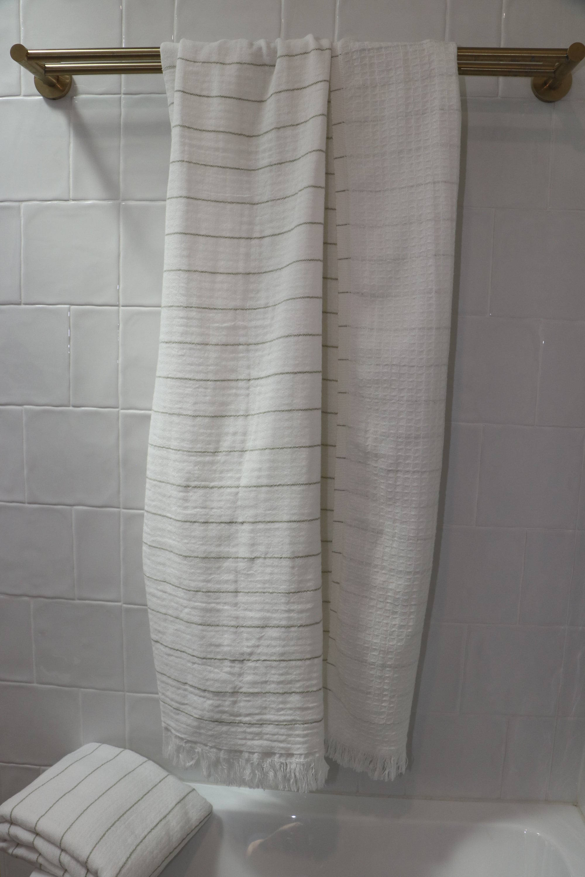 waffle bath towel green tea colour hanging